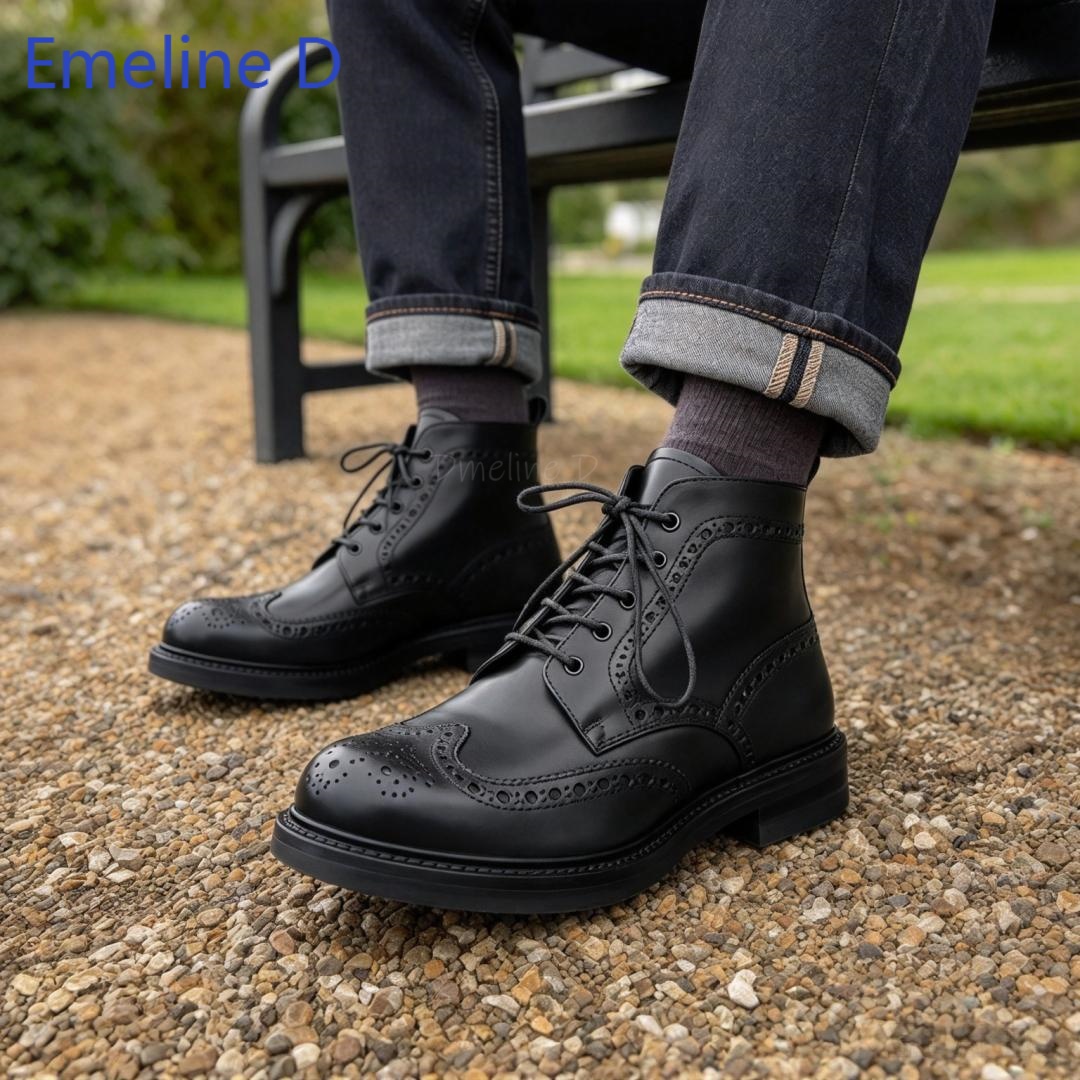 Formal Men Daily Wear Footwear - メンズ ブローグ アンクルブーツ、本革製、ウィングチップ、レースアップ、ヴィンテージ風、彫刻模様の穴あきデザイン、厚底、フォーマルにも普段使いにも適した靴。